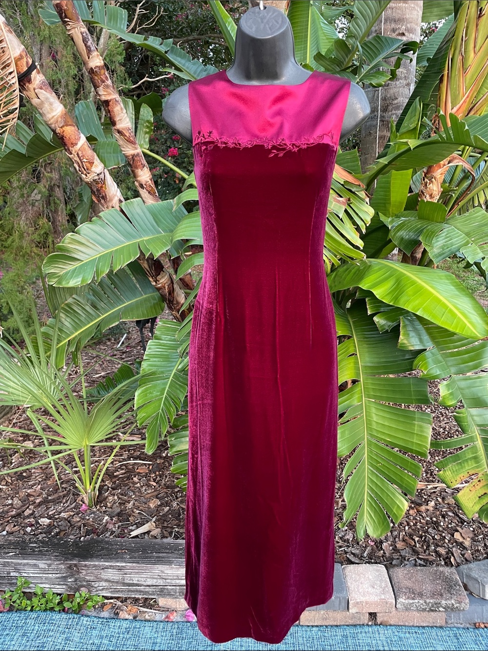 velvet silk blend embroidered column dress with side slit